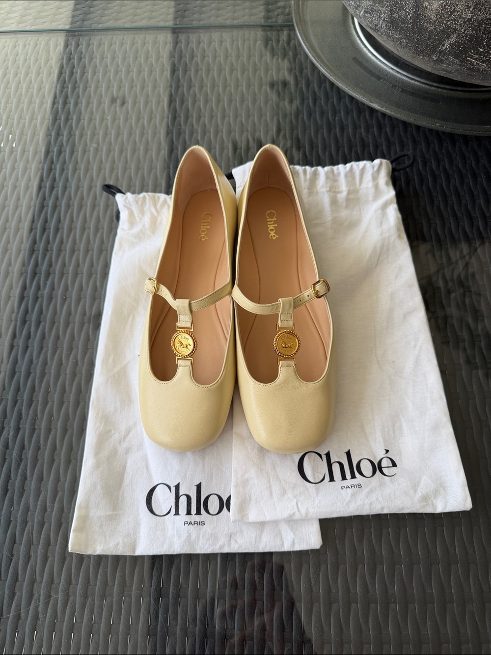 Chloé Leonore Ballerina Cream Leather Mary Jane Flats with Gold Medallion